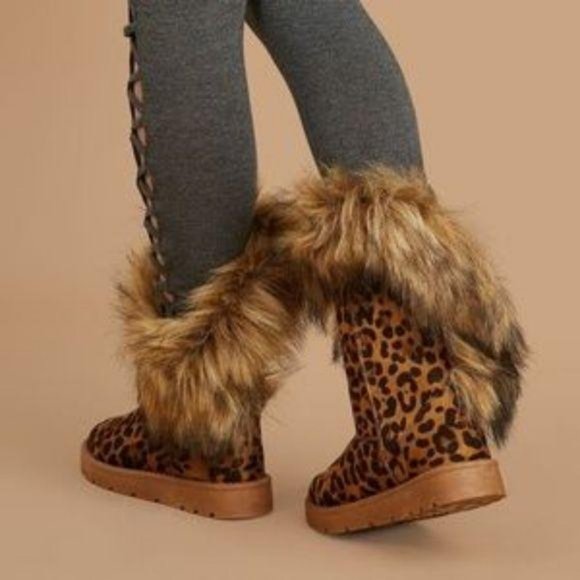 Asymmetrical Faux Fur Pull On Boots in Leopard - Picture 9 of 9